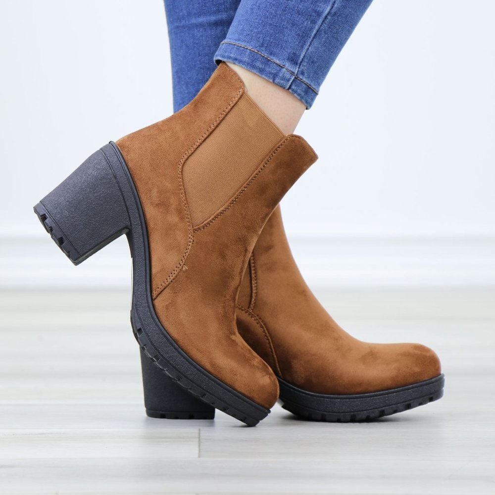 Chelsea Chunky Block High Heel Above Ankle Boots Brown Synthetic Suede - Picture 6 of 12